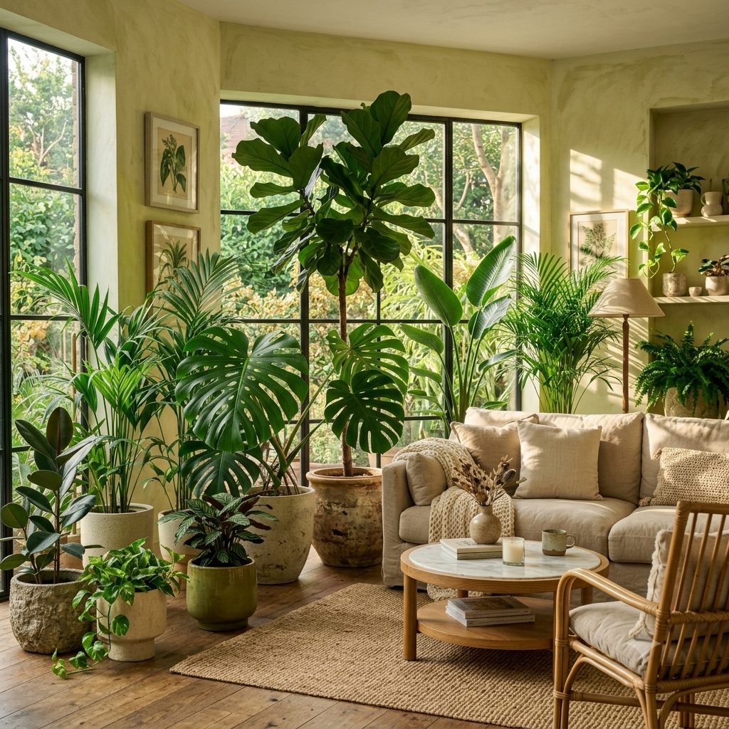 Sala cálida con plantas en macetas de barro