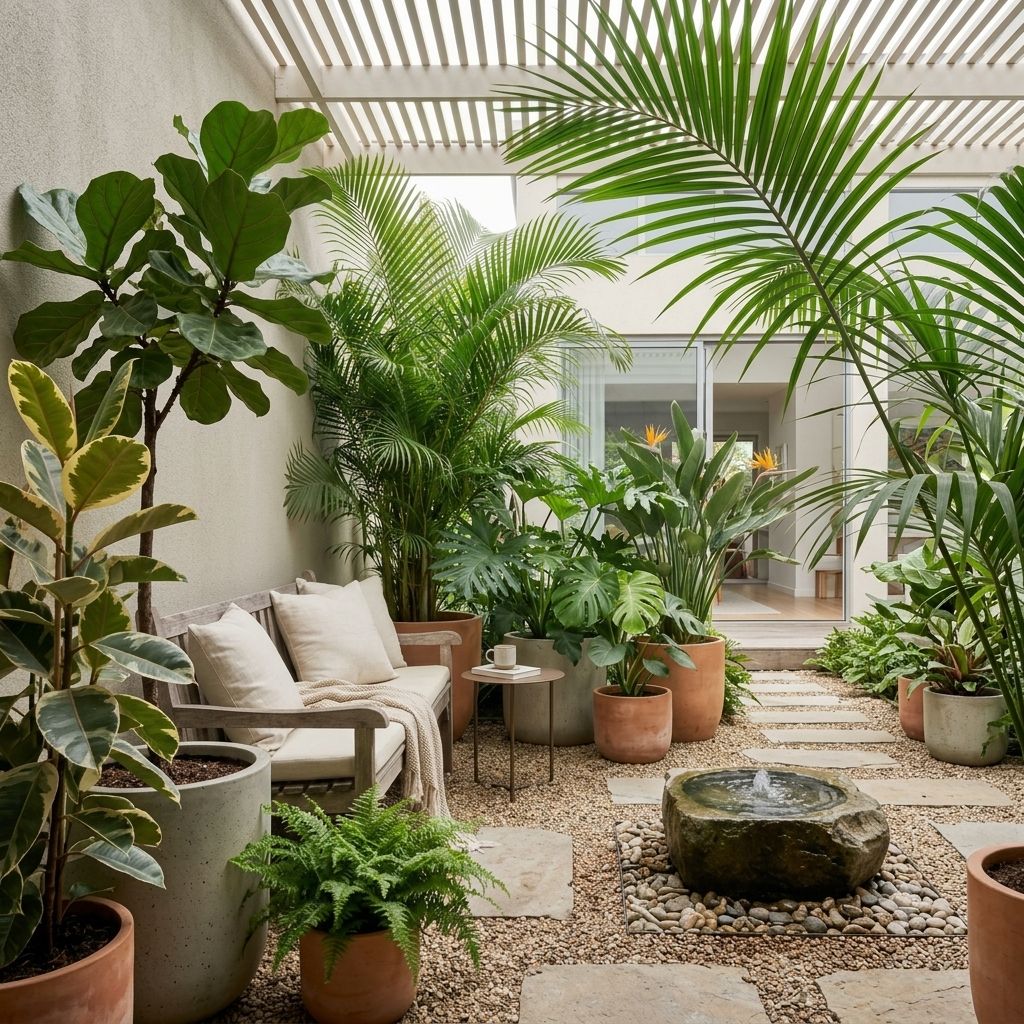 Patio interior con macetas de barro agrupadas y fuente