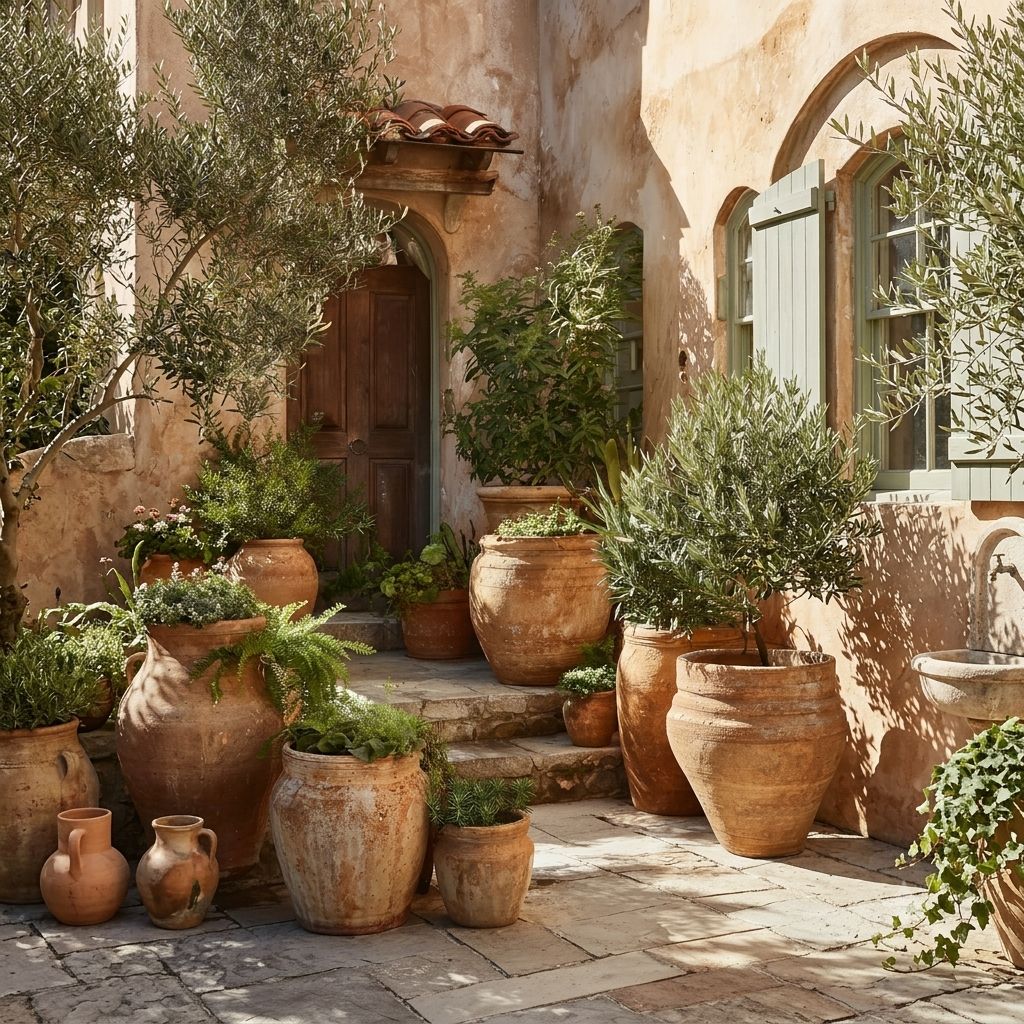 Entrada con macetas de barro estilo mediterráneo