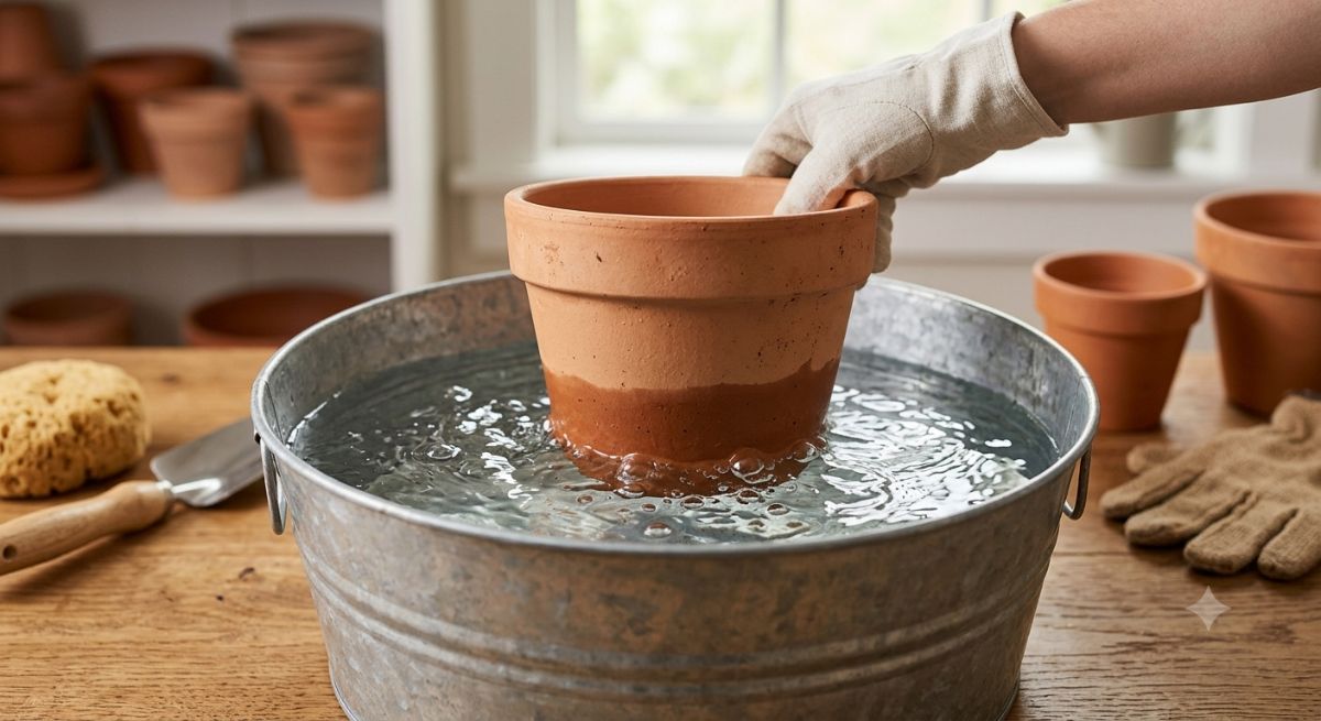 Maceta de barro remojándose en agua